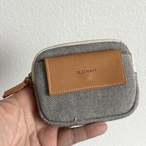 Vintage Old Navy Zip Coin Pouch Canvas Leather Minimalist Compact Wallet Tan